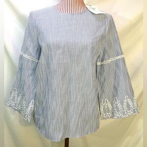 Blue White Stripe Top Embroidered Bell Sleeves Preppy Nautical Chic NWT Sz Small